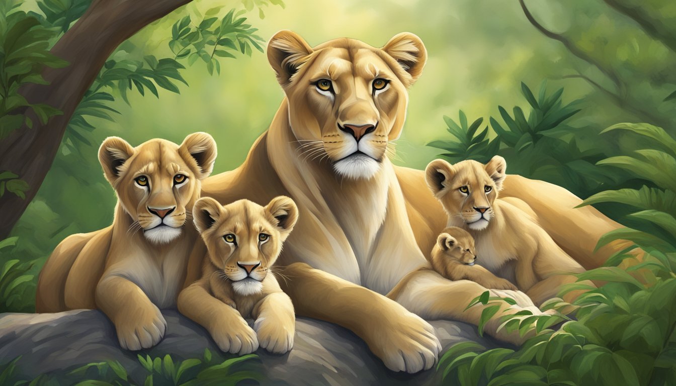 A mother lioness confidently nursing her cubs, surrounded by lush greenery and a peaceful, natural setting