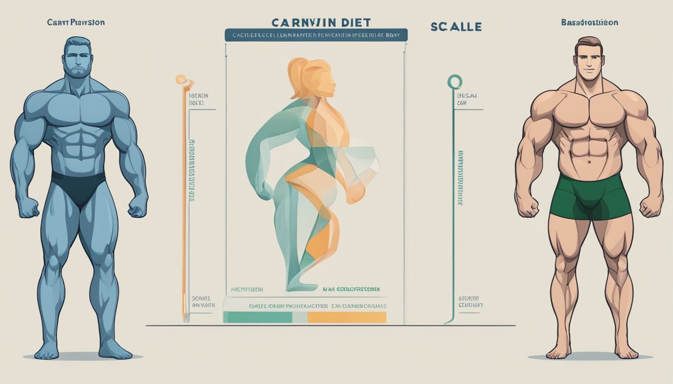 A carnivore diet influencing body composition: a scale with a lean, muscular figure next to a heavier, less defined figure