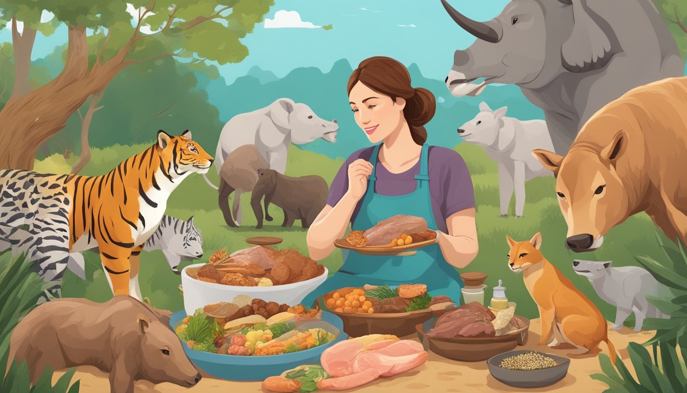 A mother carnivore hunts and gathers a variety of animal-based foods, including meat, fish, and eggs, to support her lactation