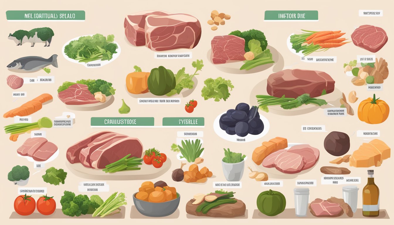 A carnivore diet chart surrounded by images of meat, vegetables, and metabolic syndrome indicators