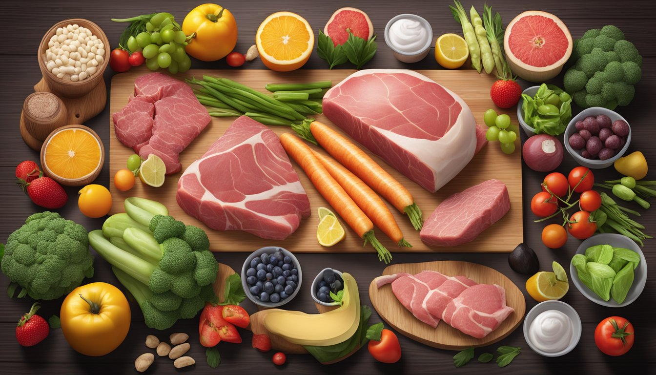 A diverse array of fresh, raw meats and animal products arranged on a wooden cutting board, surrounded by colorful fruits and vegetables