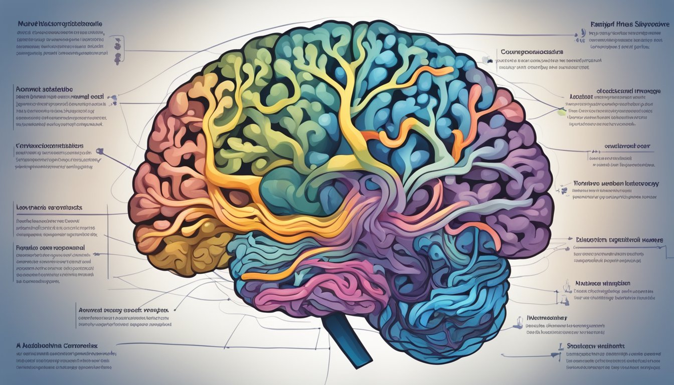 A carnivore diet's impact on metabolic syndrome: a brain surrounded by swirling thoughts and biochemical pathways, with a body experiencing changes in energy levels and weight