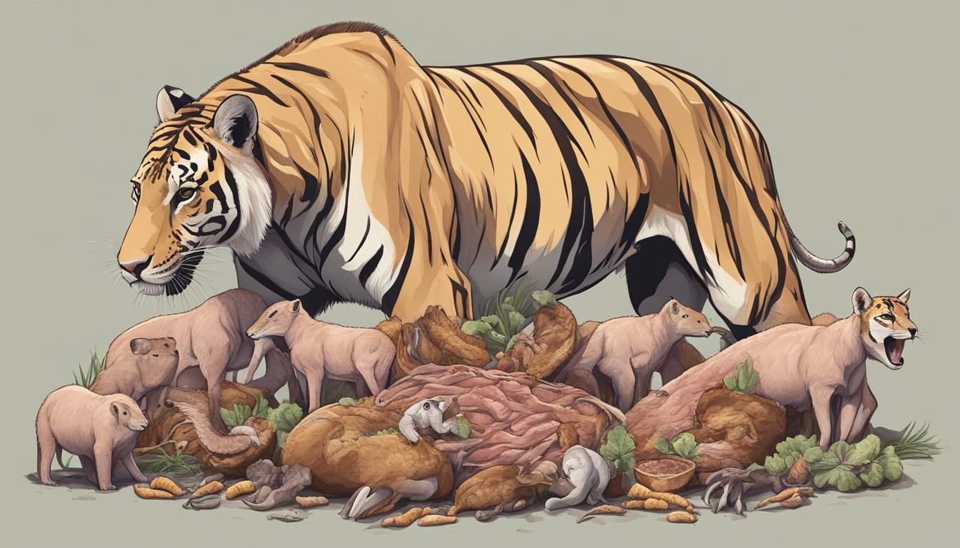 A mother carnivore animal nursing her young, surrounded by an abundance of fresh meat and bones