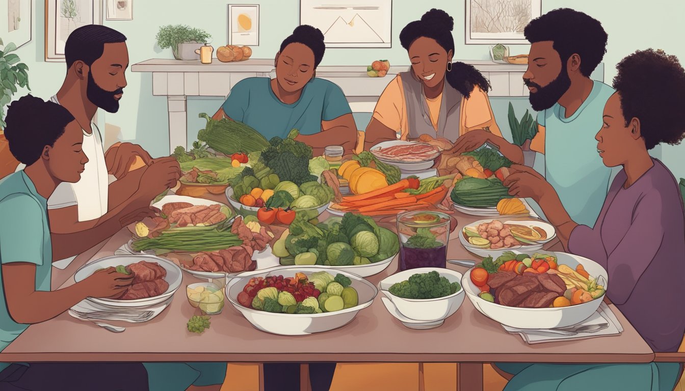 A group of people sharing personal stories around a table piled with meat, vegetables, and fruits. A sense of community and connection is evident