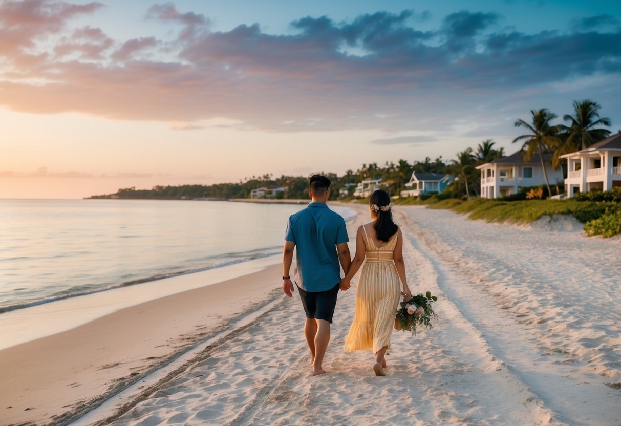 A couple walks along a sandy beach, admiring the waterfront homes and beachfront real estate in Cebu. The sun sets over the horizon, casting a warm glow on the picturesque scene