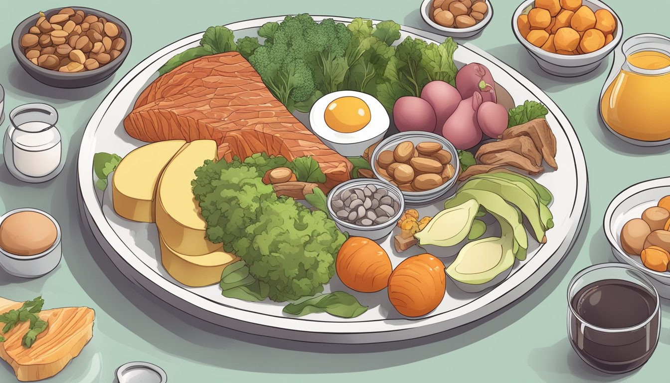 A carnivore diet plate surrounded by various foods and supplements, with a background showing the effects of metabolic syndrome