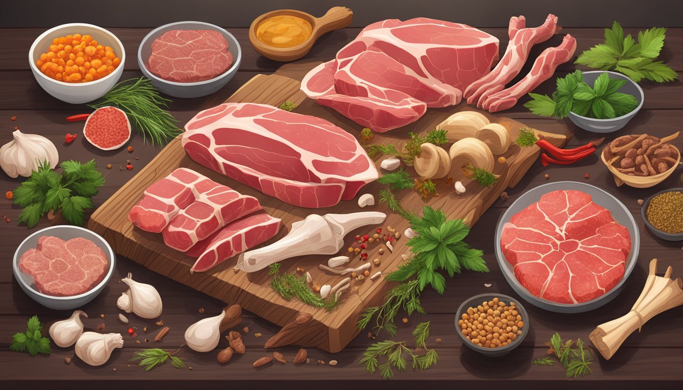 A carnivorous feast: a variety of raw meats and bones arranged on a wooden table, surrounded by herbs and spices