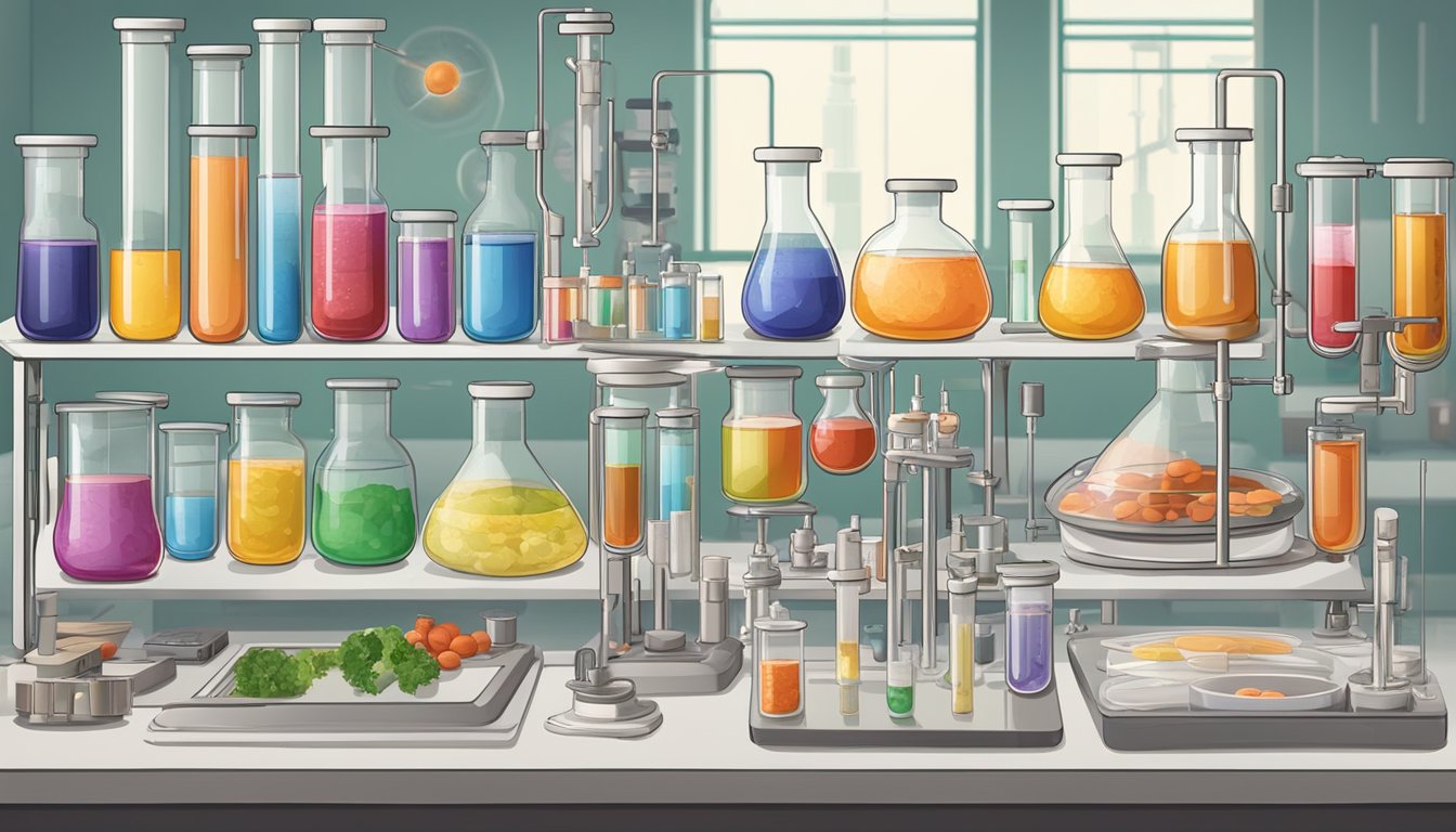 A laboratory setting with test tubes, petri dishes, and scientific equipment. A chart showing the impact of a carnivore diet on metabolic syndrome