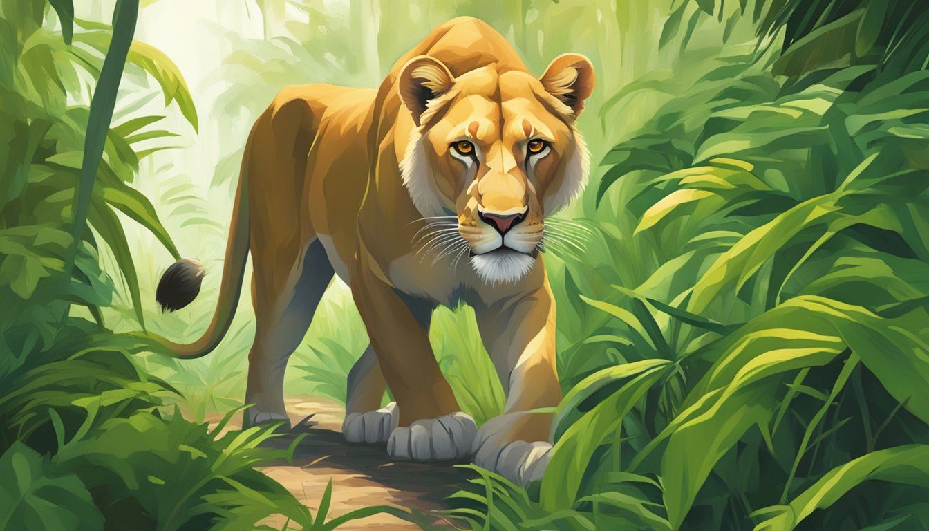 A lioness prowls through a dense jungle, her powerful muscles rippling as she stalks her prey. The vibrant red of her blood contrasts with the lush green foliage around her