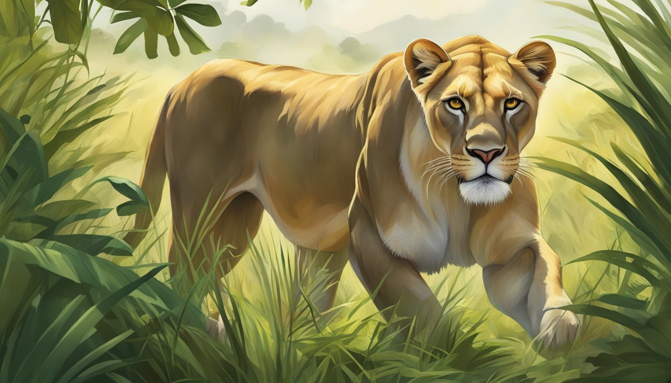 A lioness prowls through a lush savannah, surrounded by vibrant greenery and abundant prey. Her powerful muscles ripple beneath her sleek coat as she exudes strength and vitality