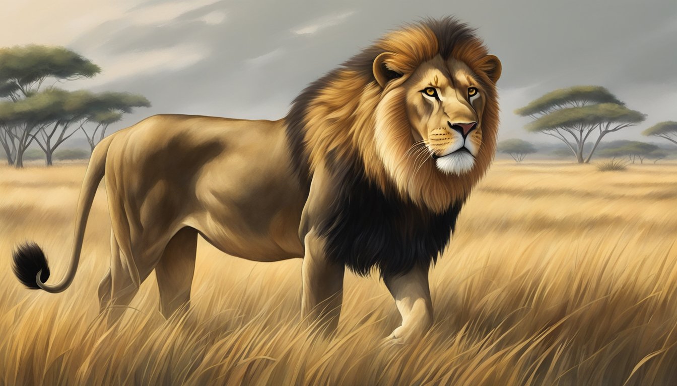 A lion prowls through a lush savanna, its powerful muscles rippling beneath its sleek fur. Its keen eyes scan the horizon as it moves with effortless grace, a picture of strength and vitality