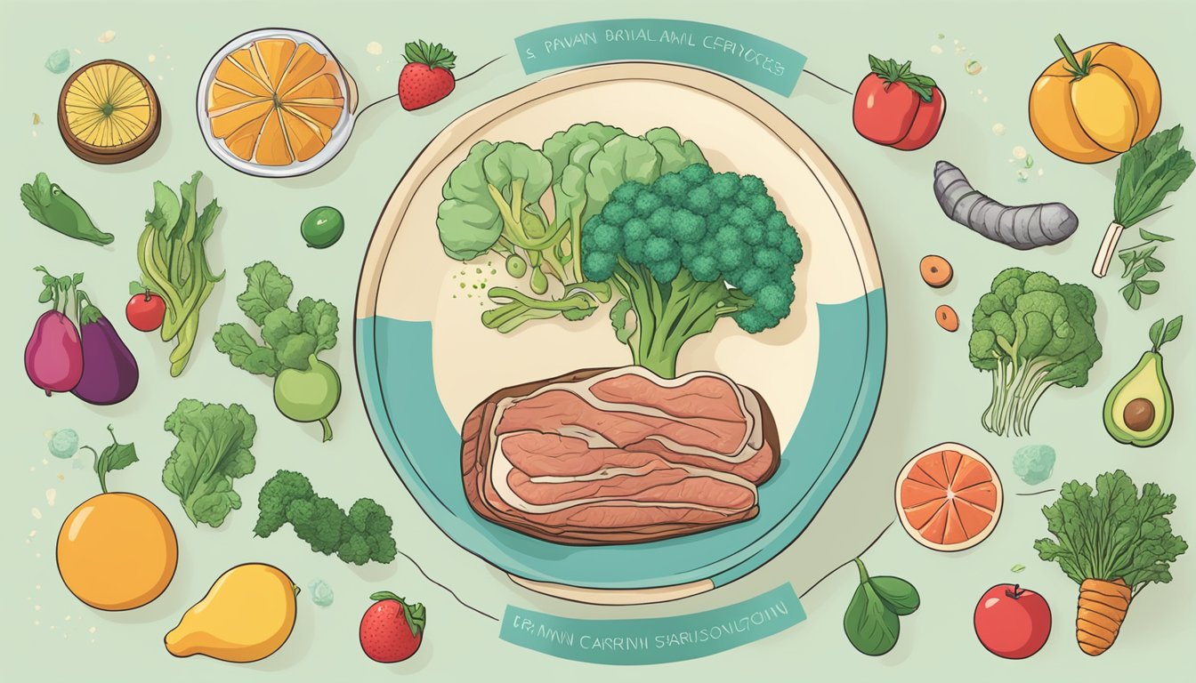 A carnivore diet with a plate of meat and fish surrounded by fruits and vegetables. A brain with a prominent serotonin molecule hovers above, symbolizing the influence on serotonin levels