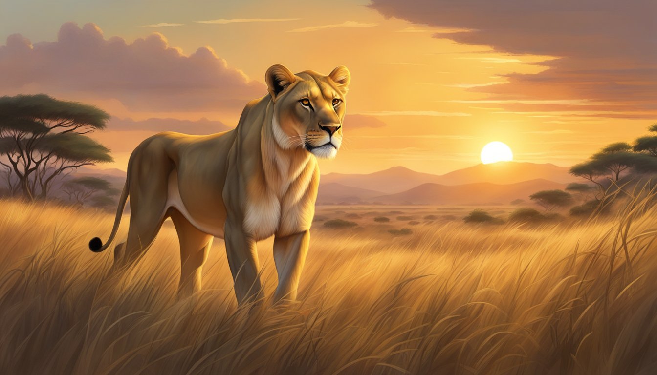 A lioness prowls through a lush savanna, her powerful muscles rippling beneath her sleek coat as she hunts. The sun sets, casting a warm glow over the landscape