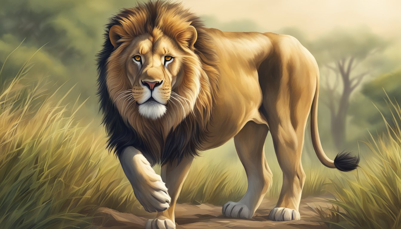 A lion prowling through a lush savannah, its muscles taut and its eyes alert, symbolizing the improved blood circulation on a carnivore diet