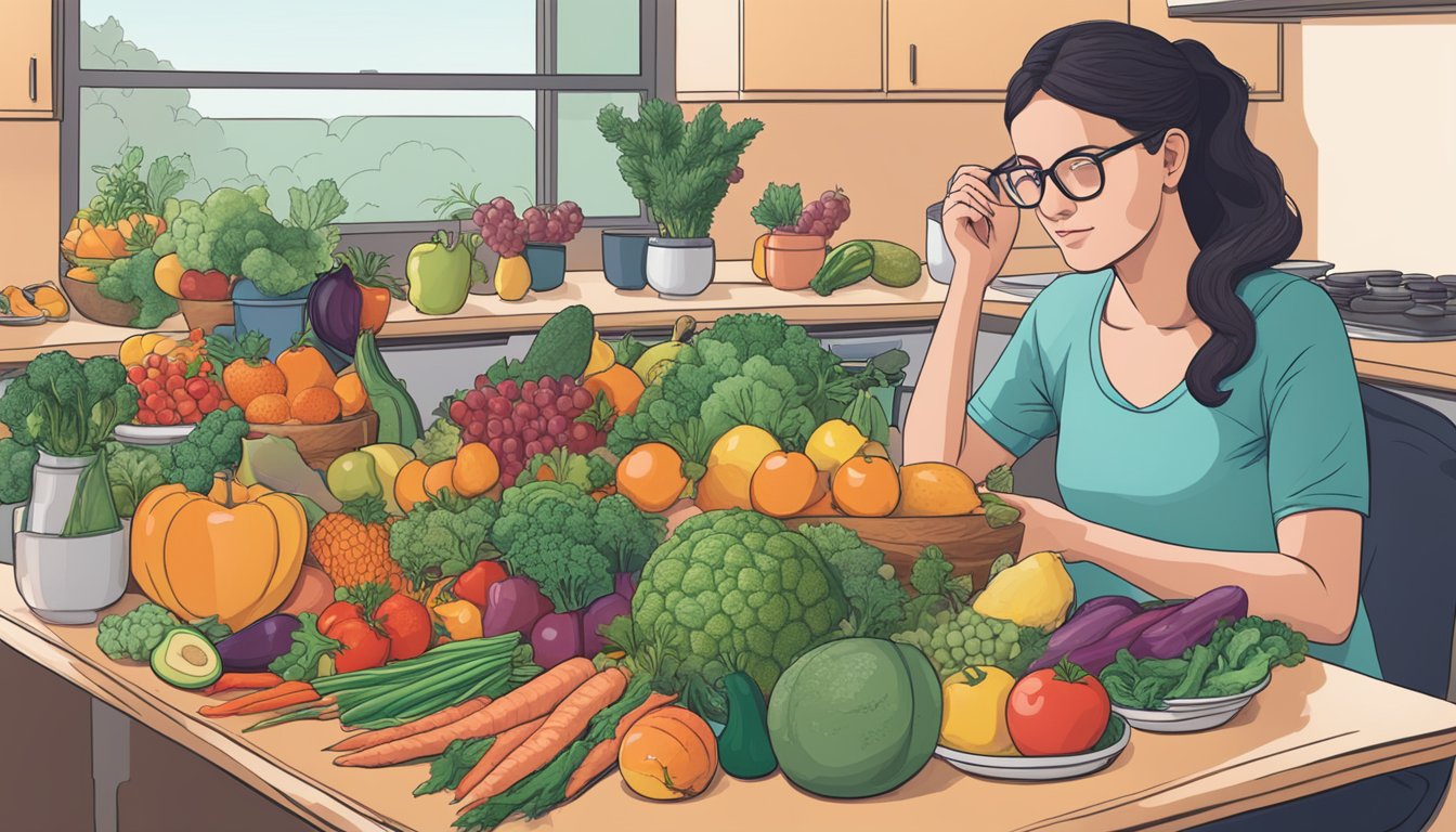 A woman with multiple sclerosis sits at a table surrounded by fruits, vegetables, and lean meats. She carefully selects items for her carnivore diet, aiming to manage her symptoms