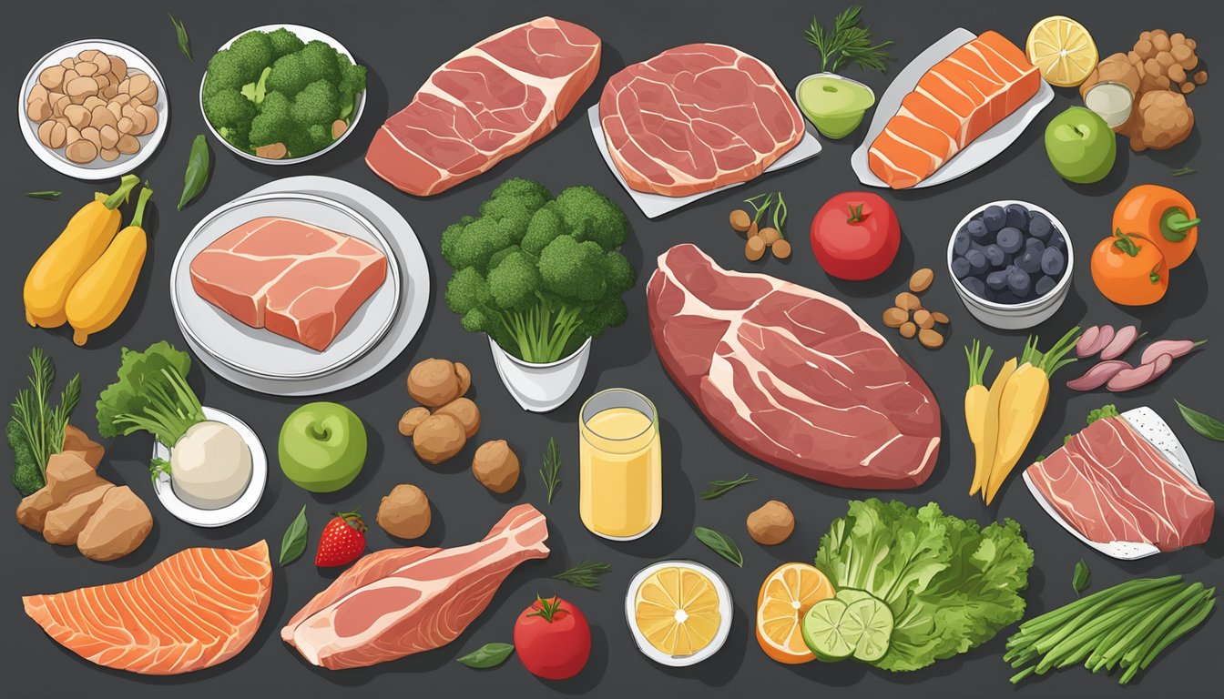 A carnivore diet meal plan laid out with various meats, fish, and animal products, surrounded by fresh vegetables and fruits