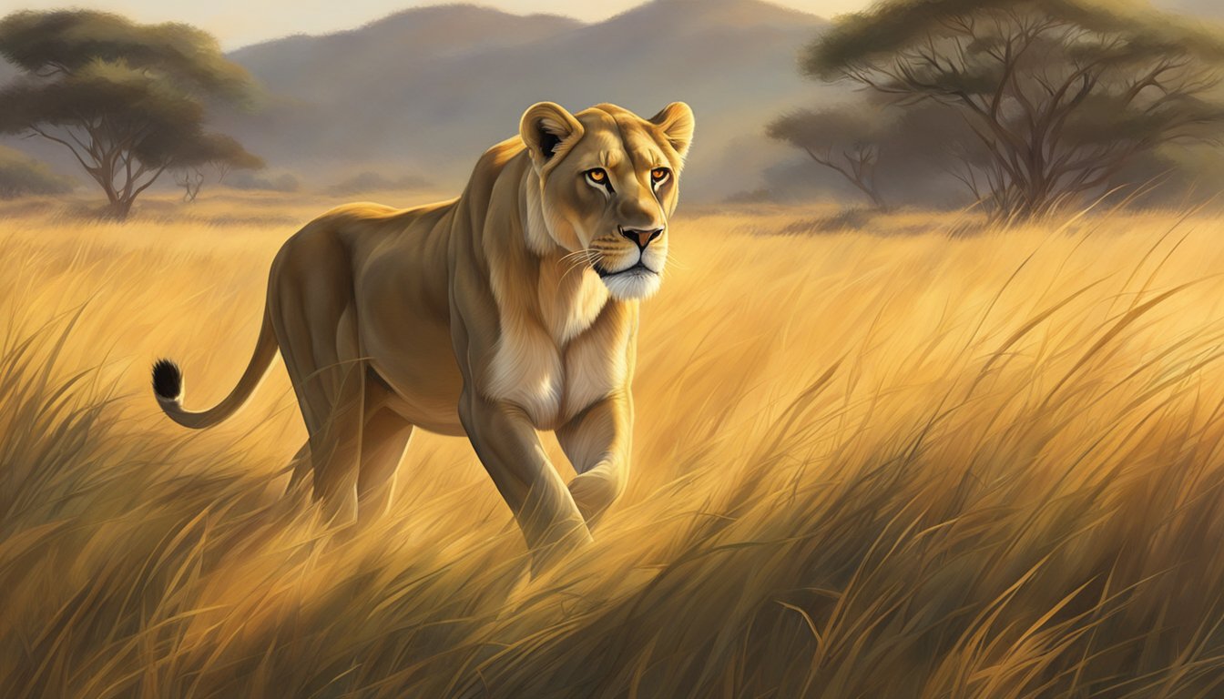 A lioness prowls through a grassy savanna, her powerful muscles rippling as she hunts for her next meal. The sun casts a warm glow on her golden fur as she moves with purpose and grace