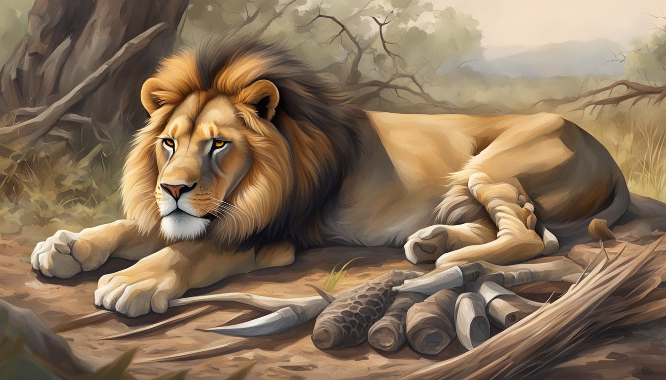 A lion resting peacefully after a successful hunt, surrounded by the remains of its prey, symbolizing the mitigation of acute inflammation on a carnivore diet