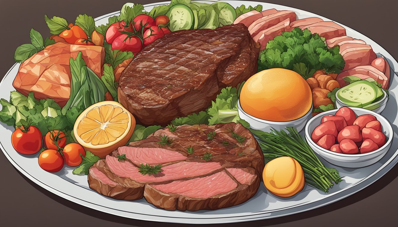 A plate filled with various types of meat, including steak, chicken, and fish, surrounded by fresh vegetables and fruits