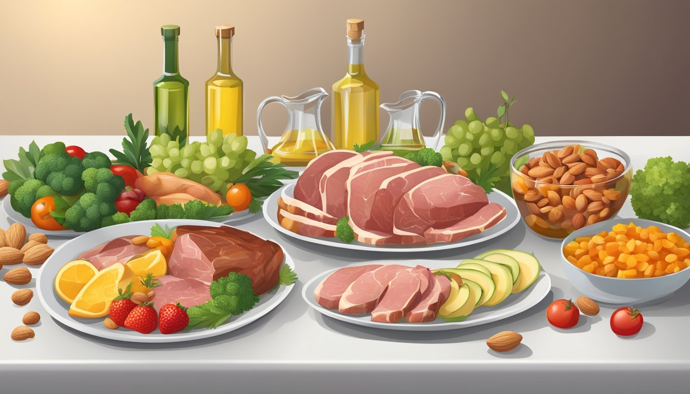 A dinner table set with a variety of fresh meats, vegetables, and fruits, with a bottle of olive oil and a plate of nuts and seeds