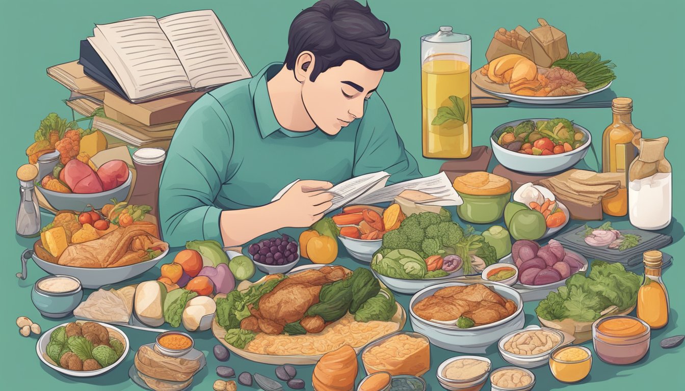 A person with psoriasis considers a carnivore diet, surrounded by various food options and medical literature