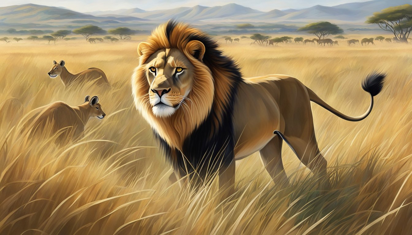 A lion prowls through a grassy savanna, its sharp eyes focused on a herd of gazelle. The predator's powerful muscles ripple as it prepares to pounce, embodying the essence of the carnivore diet