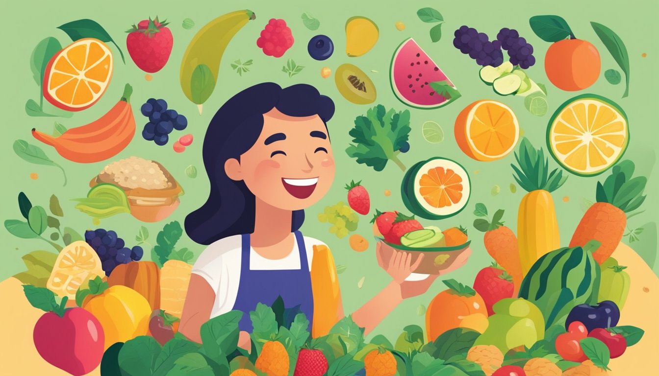 A person happily eating a variety of plant-based foods, surrounded by vibrant fruits, vegetables, and grains. They appear healthy and energetic