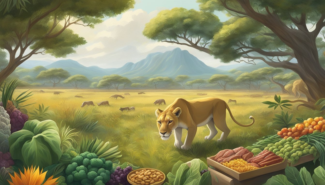 A lioness prowls through a lush savannah, hunting and consuming raw meat, while a human consumes a variety of brain-boosting foods like fish, nuts, and leafy greens