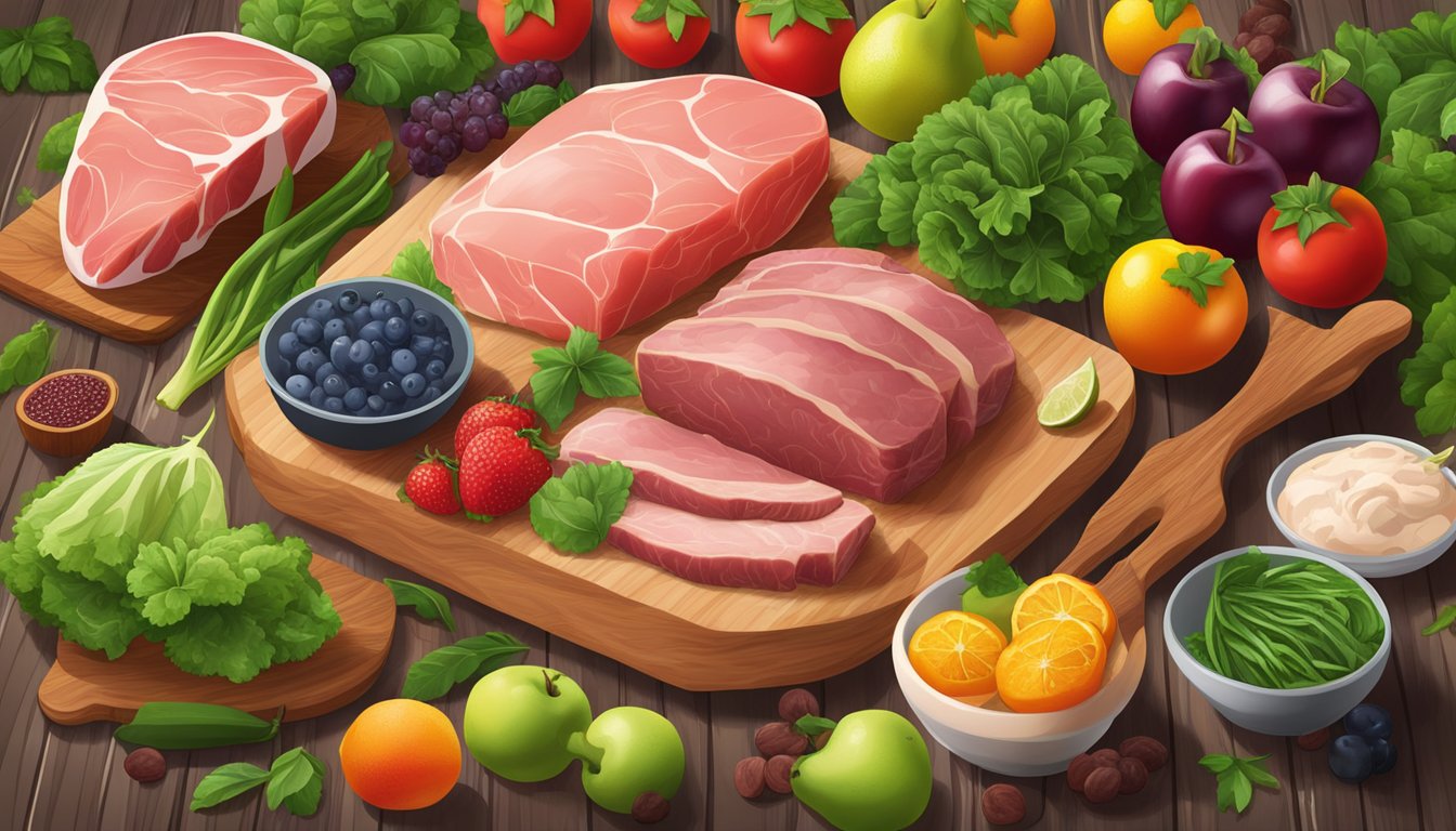 A variety of fresh, raw meats and animal products displayed on a wooden cutting board, surrounded by vibrant green leafy vegetables and colorful fruits