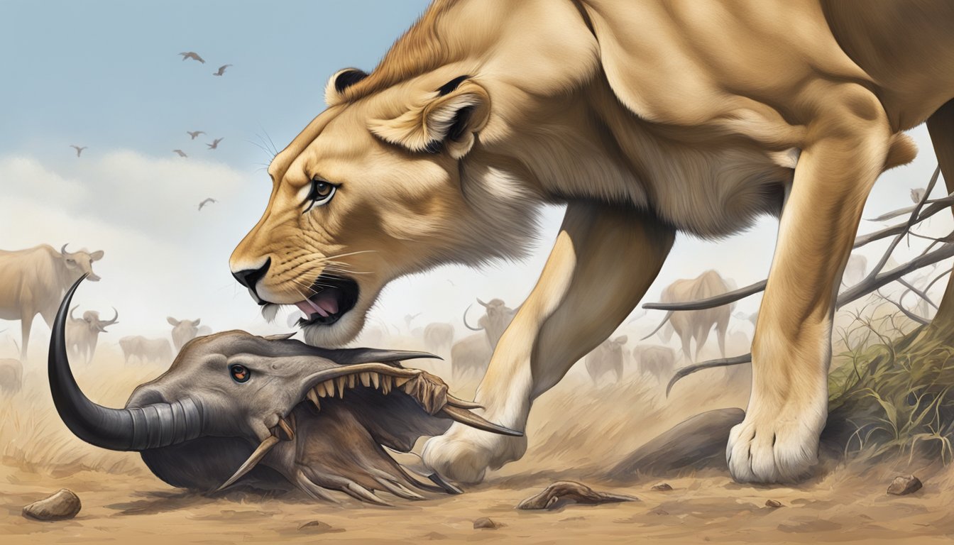 A lioness hunting and consuming a wildebeest, with a focus on the bones being crushed and the nutrient-rich marrow being consumed