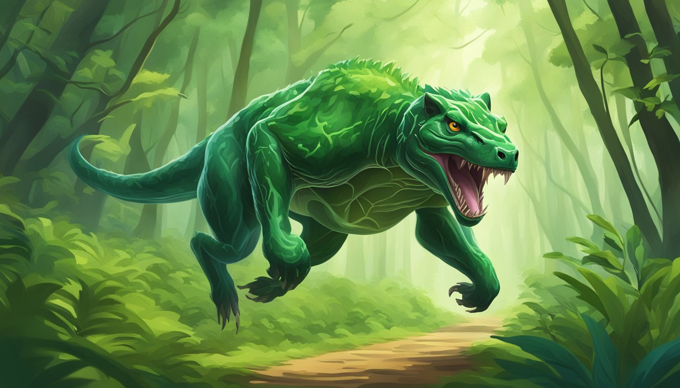 A carnivorous animal running and jumping through a lush, green forest, with strong, healthy bones evident in its movement