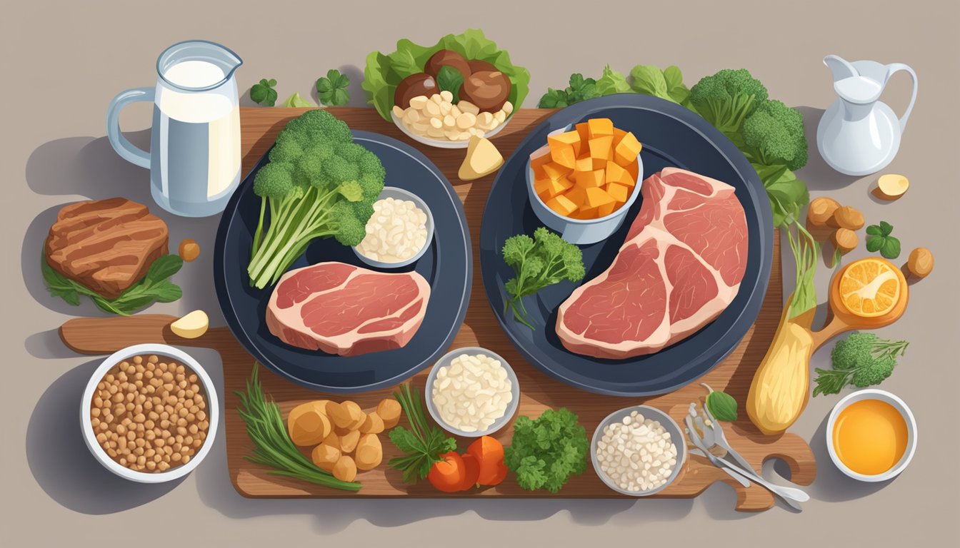 A variety of calcium-rich foods arranged around a plate with a steak, emphasizing the role of diet in preventing osteopenia