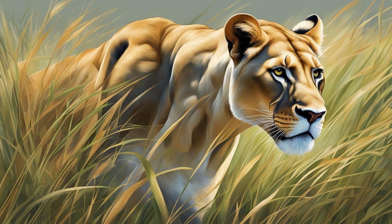 A lioness prowling through tall grass, her powerful muscles rippling beneath her sleek coat