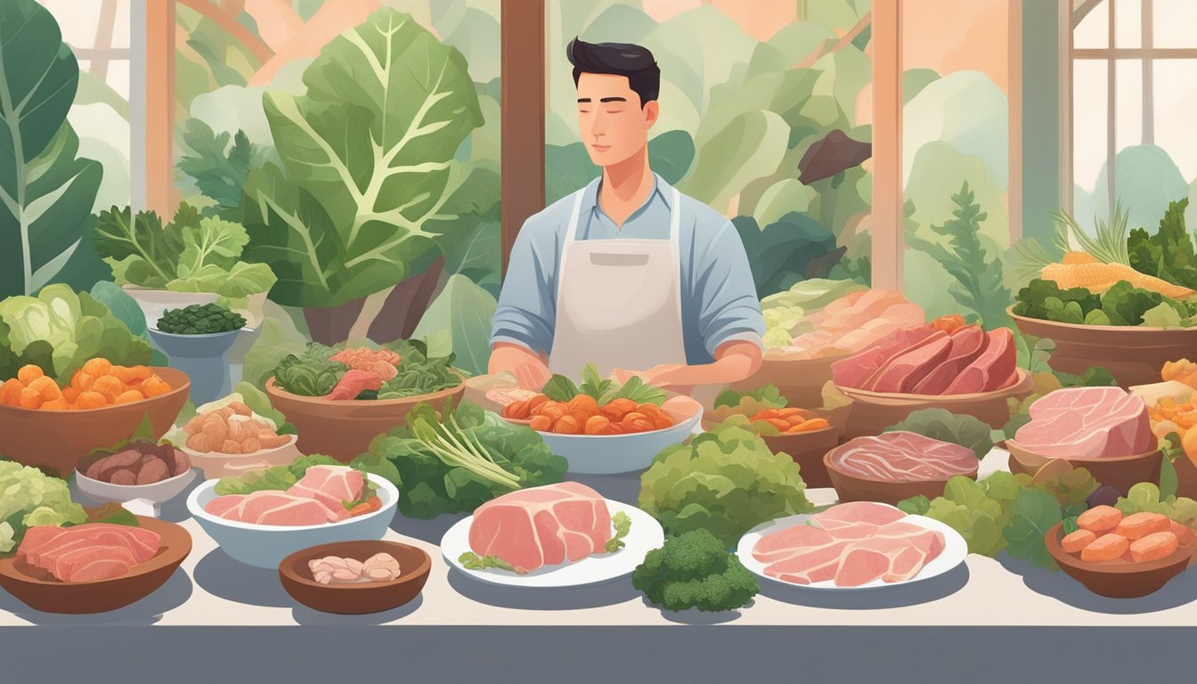 A serene figure surrounded by a variety of fresh meats, leafy greens, and other natural foods, with a sense of calm and contentment emanating from the scene