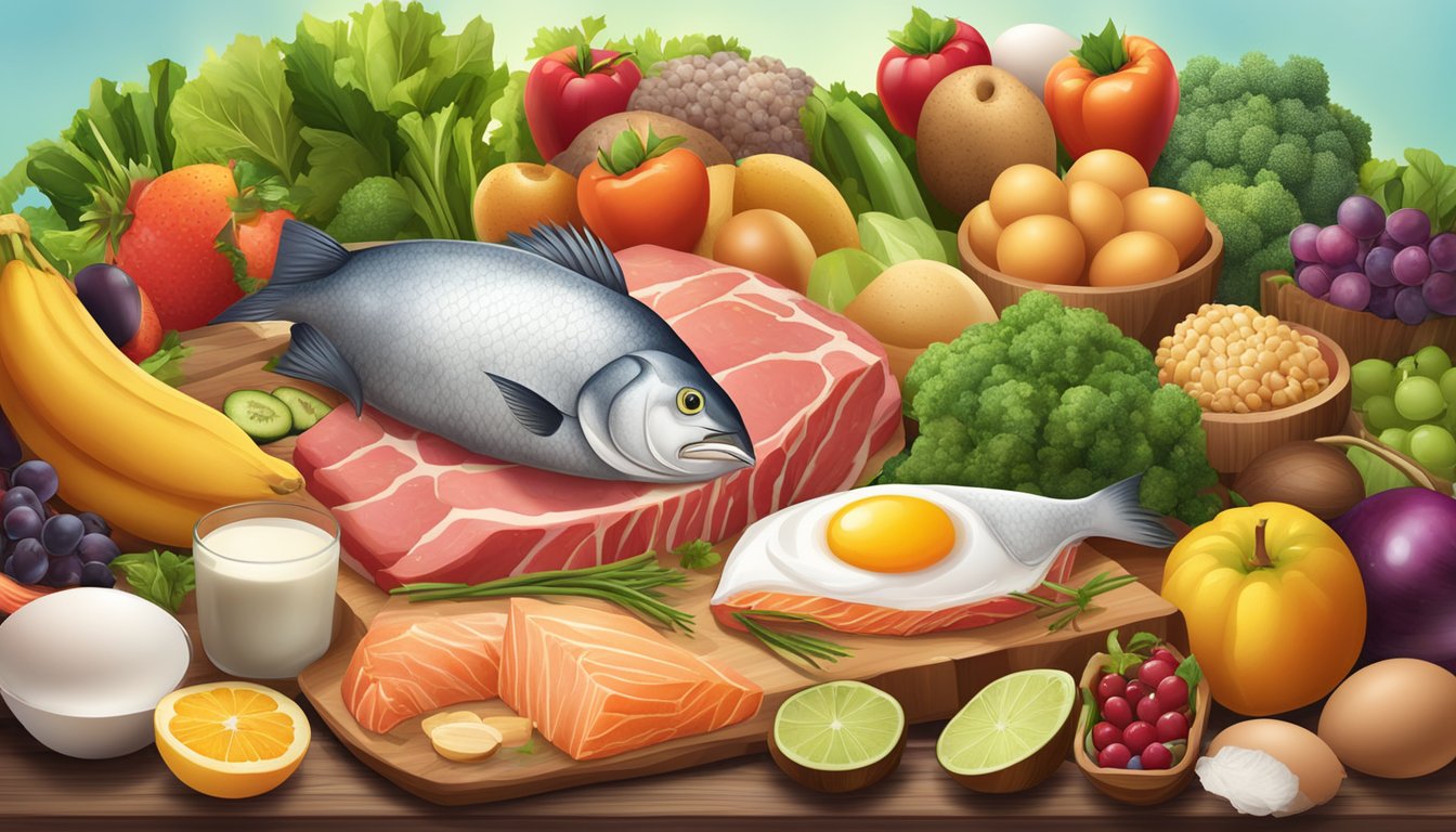 A variety of fatty animal foods, such as meat, fish, and eggs, surrounded by vibrant fruits and vegetables on a wooden table