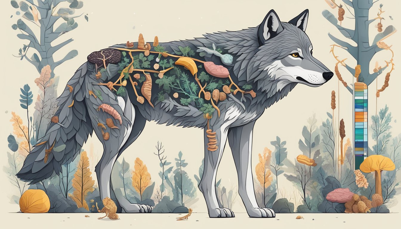 A wolf standing in a forest, surrounded by various types of meat and bones, with a DNA double helix hovering above, representing the impact of a carnivore diet on epigenetics