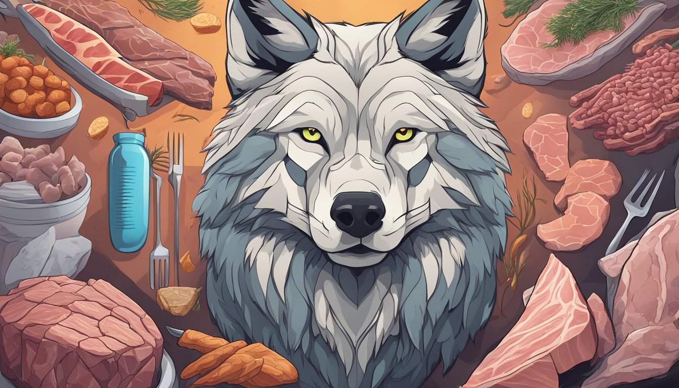 A wolf surrounded by various types of meat, with DNA strands twisting and changing in the background