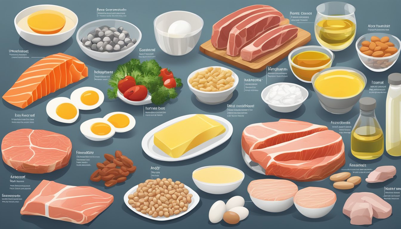 A carnivore diet meal plan with a variety of fatty acids sources, including meat, fish, and eggs, alongside supplements like fish oil and krill oil