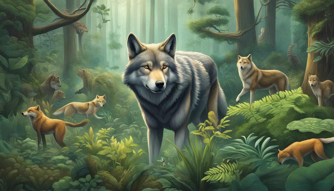 A wolf prowling through a dense forest, surrounded by various carnivorous animals and plants, with strands of DNA and epigenetic markers floating in the air