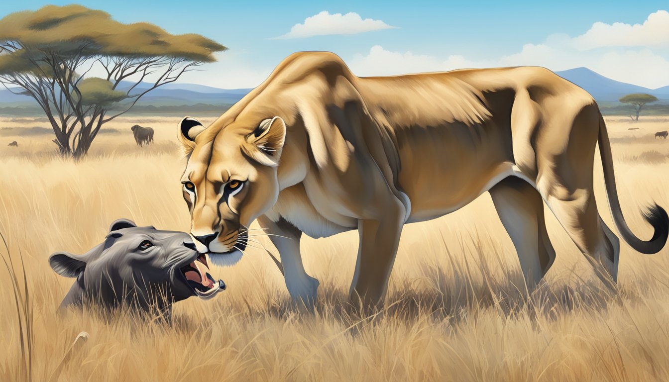 A lioness feasting on a freshly caught wildebeest, surrounded by a savanna landscape with a clear blue sky overhead