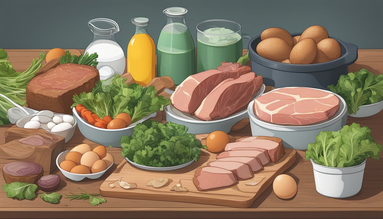 A table filled with various meats, eggs, and leafy greens. A scale and measuring cups sit nearby, showcasing the balance of nutrients in a carnivore diet