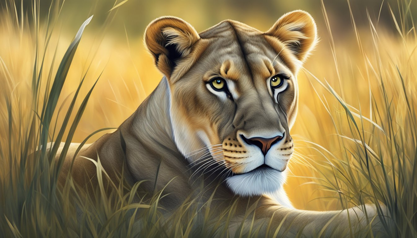 A lioness lounges in tall grass, content after a meal, her sleek muscles relaxed as she basks in the warm sun