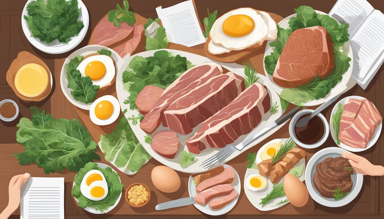 A table with various cuts of meat, eggs, and leafy greens, surrounded by scientific articles and research papers on satiety and the carnivore diet