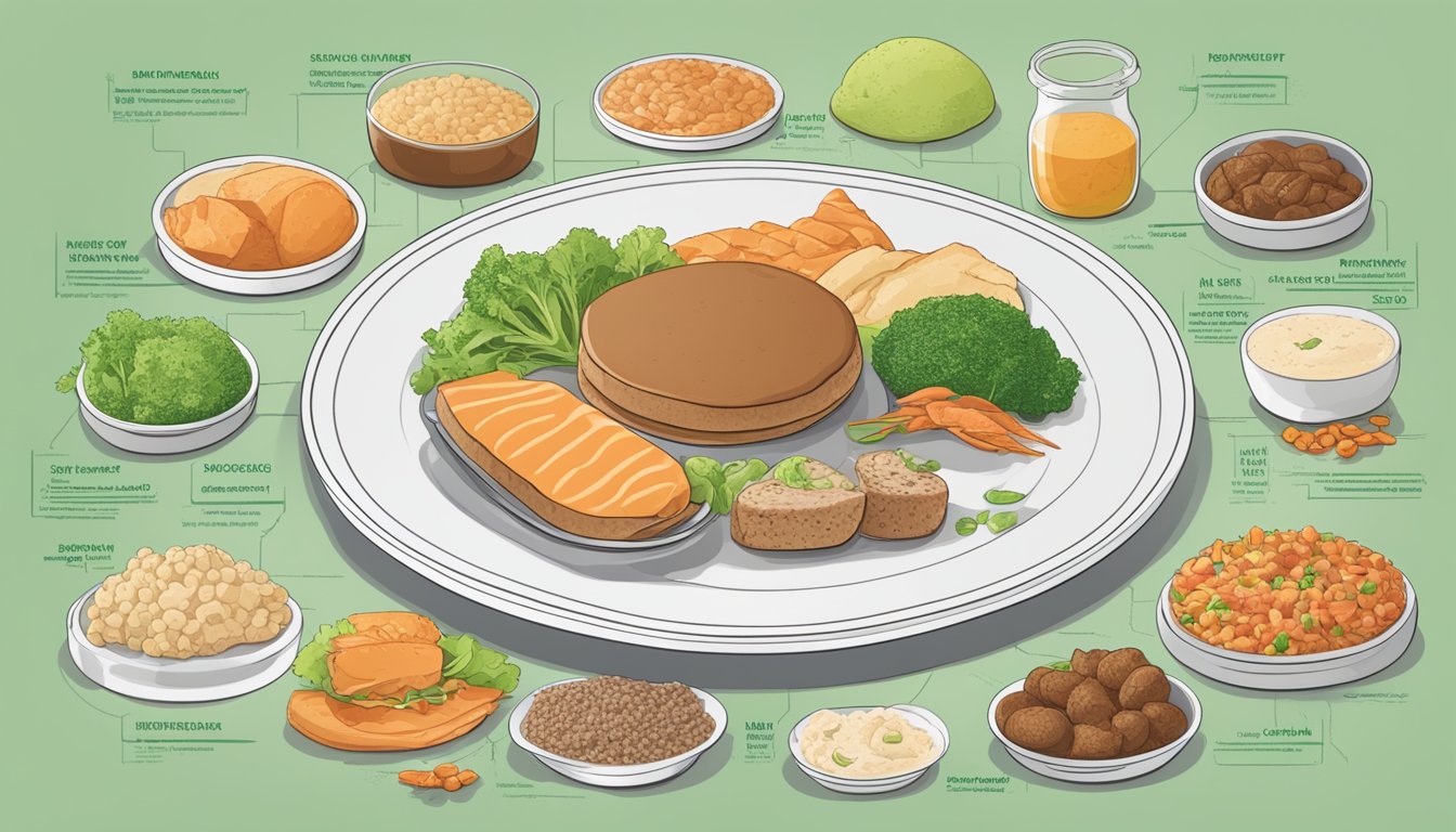 A plate with a variety of animal products, including Beyond Meat, surrounded by scientific charts and graphs on satiety