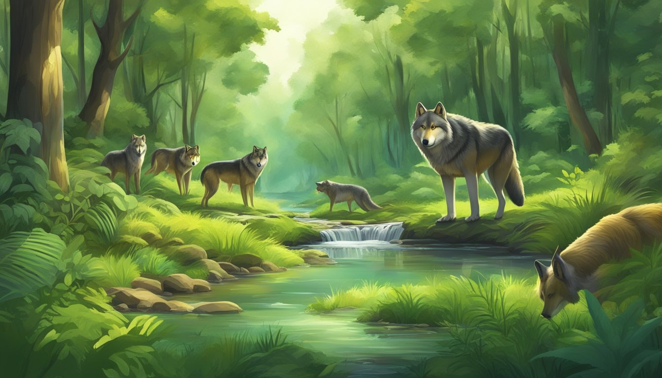 A lush, green forest with a clear stream running through it. A variety of wild animals, such as wolves and big cats, are seen hunting and consuming their prey