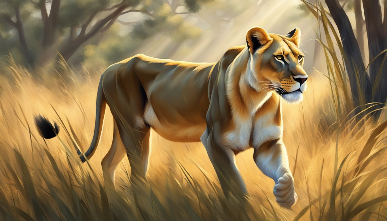 A lioness prowls through tall grass, her sleek muscles rippling as she hunts for prey. The golden sunlight filters through the trees, casting a warm glow on her powerful form