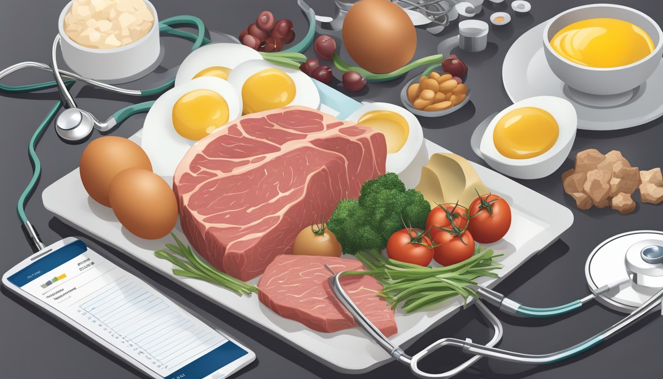 A carnivore diet with a focus on cholesterol-rich foods like meat, eggs, and dairy. Nutritional labels and a doctor's stethoscope symbolize health monitoring