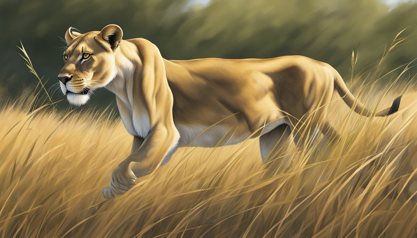 A lioness confidently prowls through a grassy savanna, her powerful muscles rippling as she hunts for her next meal