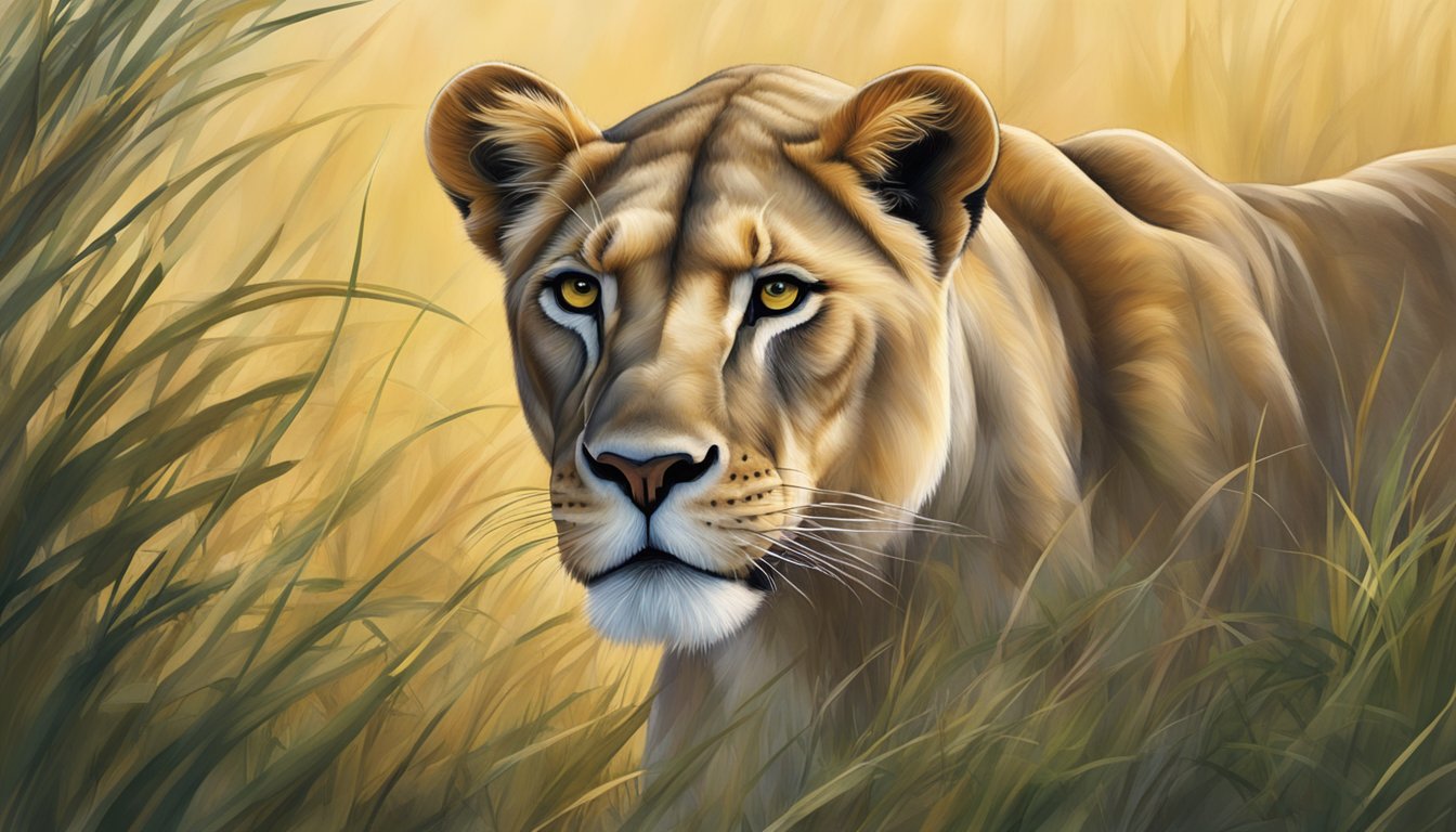 A lioness prowling through a grassy savanna, her eyes focused and alert, embodying the primal essence of the carnivore diet's support for cognitive aging