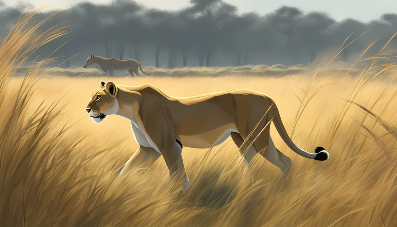 A lioness prowls through tall grass, her powerful muscles rippling beneath her sleek coat. In the distance, a herd of gazelle grazes peacefully, unaware of the predator's presence